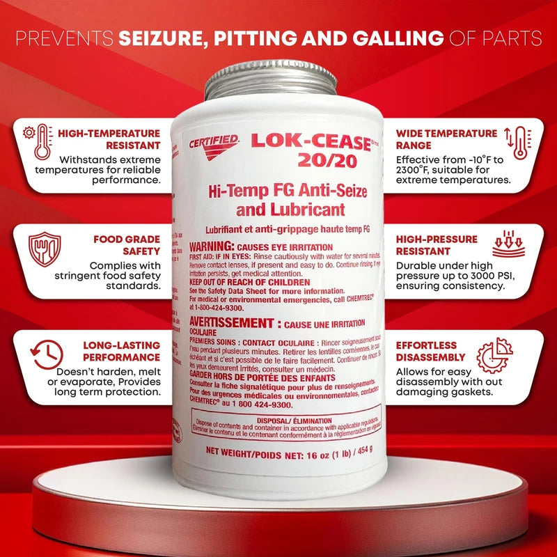 Certified Labs Lok Cease 20/20 Hi Temp Food Grade Anti Seize and Lubricant (16 Oz Bottle X1), White