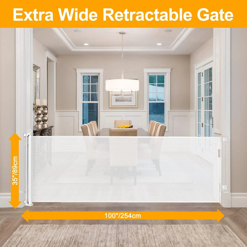 Mom's Choice Awards Winner - WOMHOM 100 Inch Extra Wide Retractable Baby Gates Extra Wide Baby gate for Large Opening Extra Long Dog Gates for The House Extra Large Pet Gate for Dogs Indoor Baby Fence