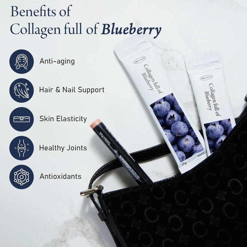 WELLINUS Blueberry Full of Collagen, Jelly Stick, Marine Collagen, Fast Absorbing, Snack, Ultra-Low Weight Molecular Marine Collagen, HACCP Certified, 22.05 oz/Pack of 25