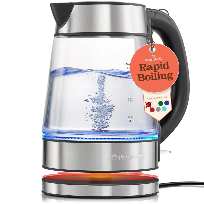 Speed-Boil Electric Kettle - 1.7L Water Boiler 1500W, Coffee & Tea Kettle Borosilicate Glass, Easy Clean Wide Opening, Auto Shut-Off, Cool Touch Handle, LED Light. 360° Rotation, Boil Dry Protection