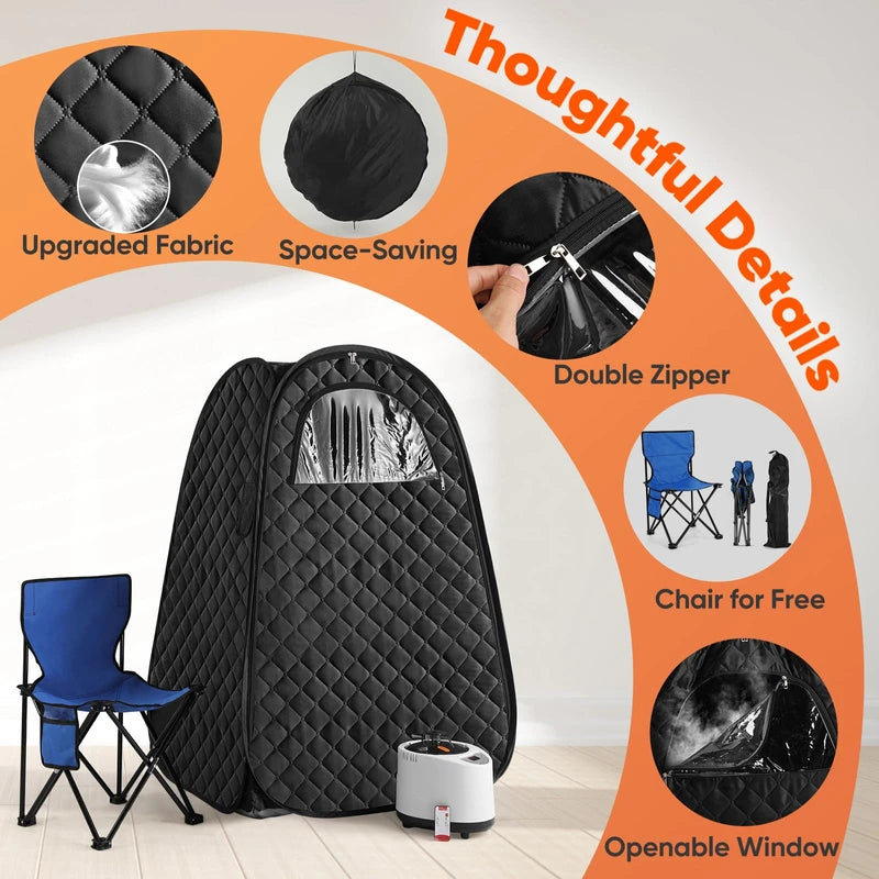 Single Person Sauna, Portable Steam Sauna Full Body for Home Spa, Sauna Tent with Steamer 2.6L 1000W Steam Generator, 90 Minute Timer, Chair, Remote Control Included(Black)