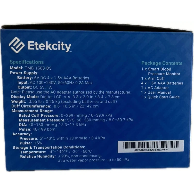 Etekcity Smart Blood Pressure Monitor Model: TMB-1583-BS (New in Box)