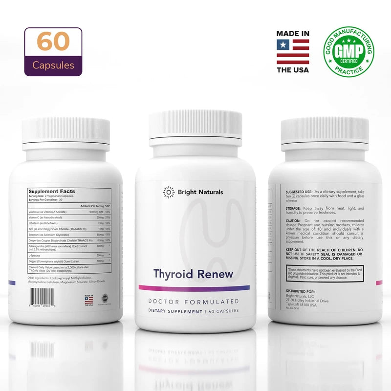 Thyroid Renew Supplement - Women’s Thyroid Support for Focus and Energy with Zinc Selenium Copper and Thyroid Superfoods - Made in The USA, 60 Capsules