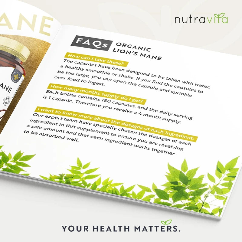 Organic Lions Mane Mushroom 1500mg - 120 High Strength Vegan Capsules (Not Powder) - Lions Mane Supplement with Organic Black Pepper - Made in The UK by Nutravita