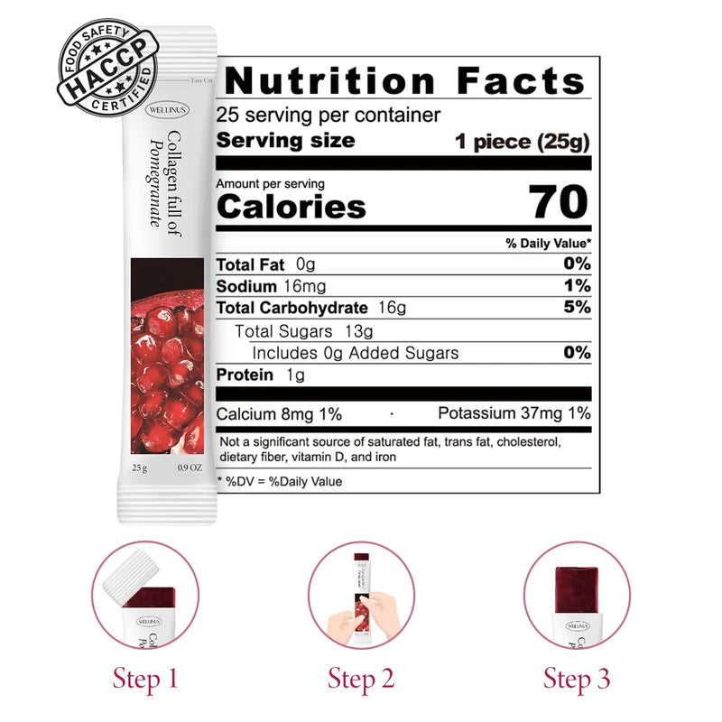WELLINUS Pomegranate Full of Collagen, Jelly Stick, Marine Collagen, Fast Absorbing, Snack, Ultra-Low Weight Molecular Marine Collagen, HACCP Certified, 22.05 oz/Pack of 25