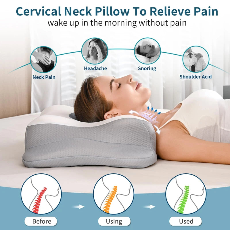 Cervical Neck Pillow - Memory Foam Pillows for Neck Pain Relief, Ergonomic Contour Side Sleeper Pillow for Sleeping, Orthopedic Neck Bed Pillow for Back & Stomach Sleepers with Pillowcase | HAMYODO