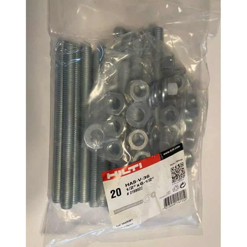 Hilti Epoxy Anchor Rods Package of 20 HAS-V-36 1/2" x  6-1/2" #2198022 Concrete