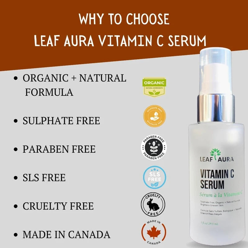 Leaf Aura Vitamin C Serum, Made with Organic+ Natural Formula, Made In Canada, 29.5ml