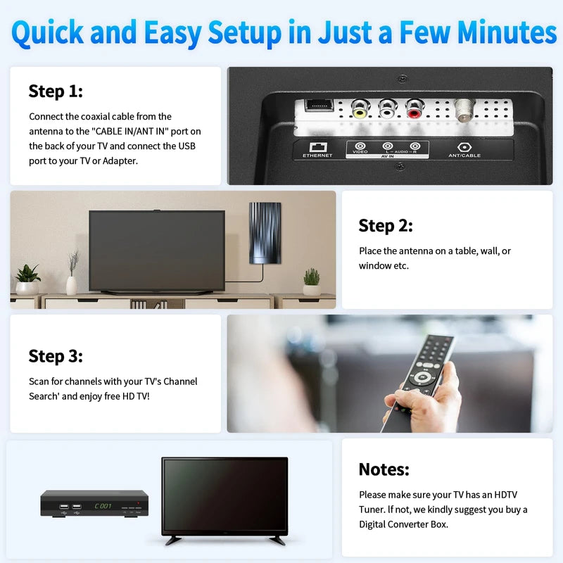 3200+ Miles Tv Antenna Indoor, 2025 Digital Antenna for Smart Tv Outdoor, Strongest HDTV Antenna for Local Channels with Amplifier, Signal Booster & 52FT Coax Cable/AC Adapter Support 8K 4K 1080p