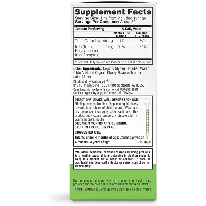 Wellements Organic Iron Drops for Babies & Toddlers (1 fl oz) | Cherry Flavor Liquid Iron Supplement | For Infants 4+ Months to 3 Years | Supports Growth & Development
