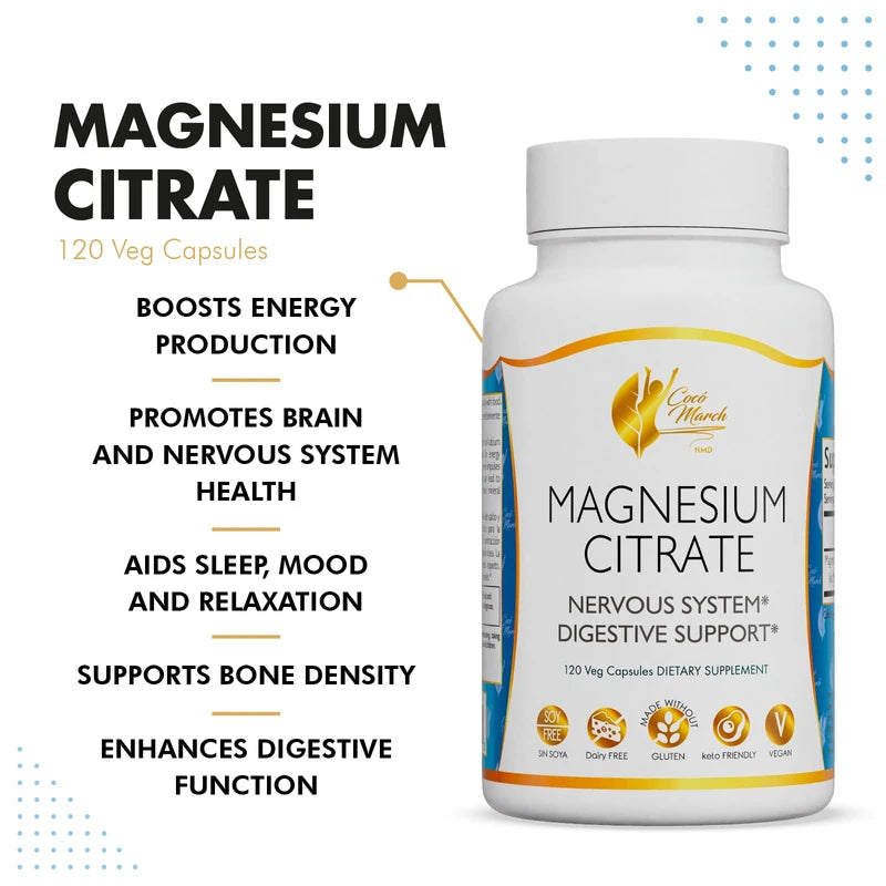 Coco March Magnesium Citrate - Relaxation- Sleep - Nervous & Digestive System Support, Gluten Free, Soy Free, Dairy Free, Keto Friendly, Vegan, 800 mg per Serving, 120 Capsules - 30 Servings