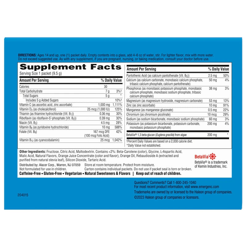 Emergen-C Immune+ Triple Action Immune Support Powder, BetaVia (R), 1000mg Vitamin C, B Vitamins, Vitamin D and Antioxidants, Super Orange – 50 Count