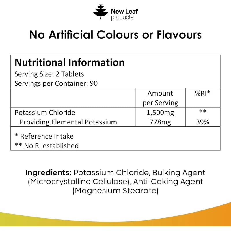Potassium Supplements High Strength - 180 Vegan Potassium Tablets Mineral Electrolytes Supplement Contributes to Normal Muscle Function, Nervous System - Gluten-Free, Non-GMO, Made in UK by New Leaf