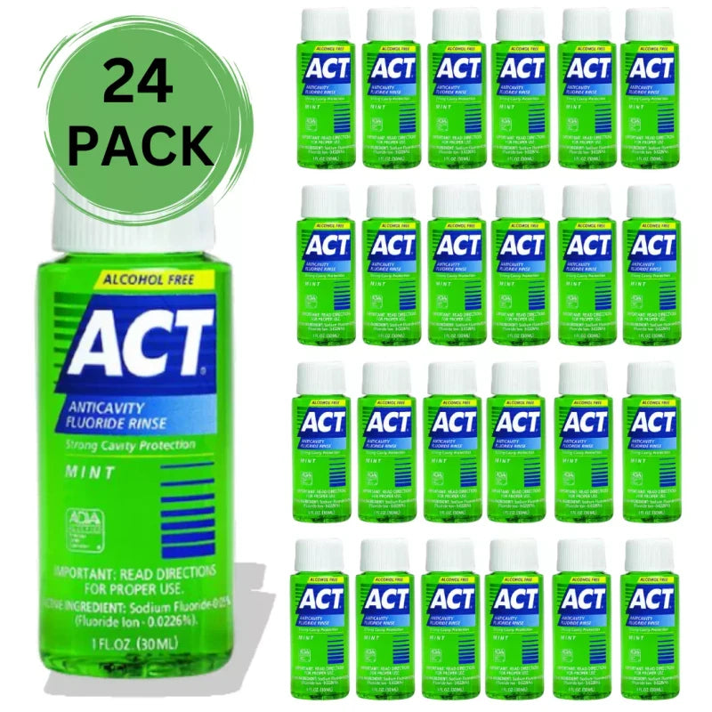 ACT 24 Lot ACT Fluoride Rinse Travel Size Bulk Mouthwash, Mint Flavor - Alcohol Free