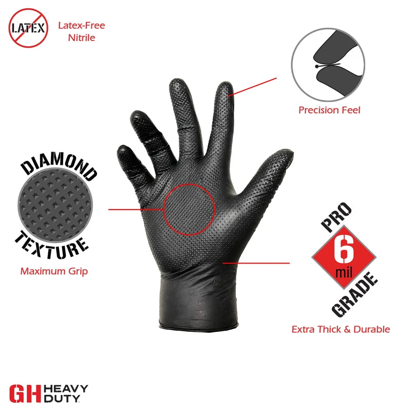 GH Heavy Duty Diamond Textured Nitrile Gloves, All Purpose 6 mil Thick Disposable Gloves, Latex & Powder Free, 100 Pack (Black), Large