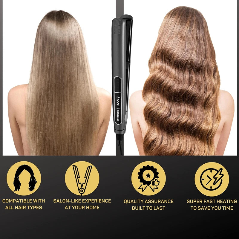 Professional Flat Iron Hair Straightener Plancha De Cabello Professional - Titanium Hair Iron Straightens Frizzy Hair Curls Sleek Salon Hair Styling Tool - Lizze Extreme Slim 1" Pro Straightening Iron