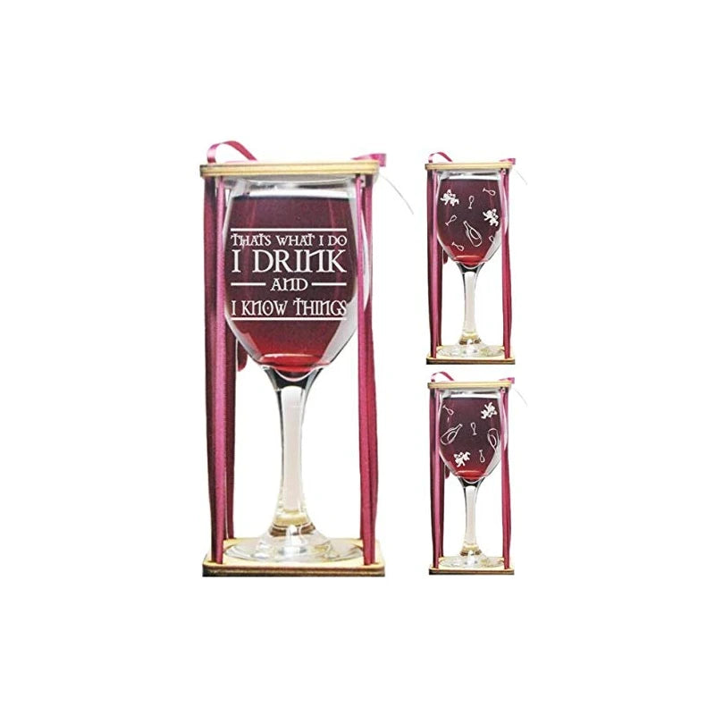 I Drink and I Know Things Stemmed Wine Glass with Charm and Presentation Packaging