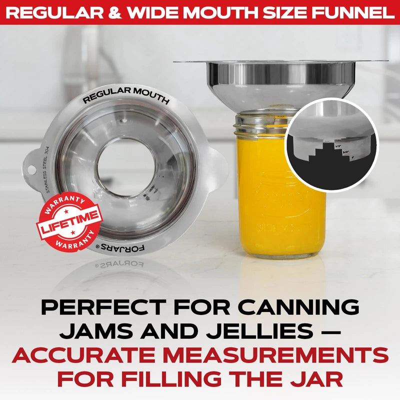 Forjars Canning Funnel Set - with Strainer for Wide and Regular Mason Jars and Food Funnels for Transferring Oils - Durable, Small, Stainless Steel Kitchen Funnel Set - Canning Supplies Kit