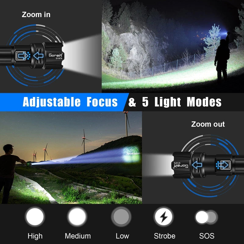 Goreit Flashlight High Lumens Rechargeable, 200000 Lumen Led Flashlights XHP70.2 USB Super Bright Flash Light Battery Powered, Powerful Handheld Flashlights for Emergencies Camping, IP67 Waterproof