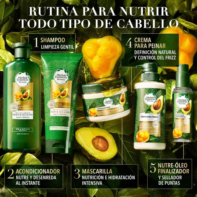 HERBAL ESSENCES Bio:Renew, Shampoo sin sulfatos ni parabenos para cabello seco, maltratado y/o rizado Nutre e Hidrata Pequi & Aguacate 400 ml