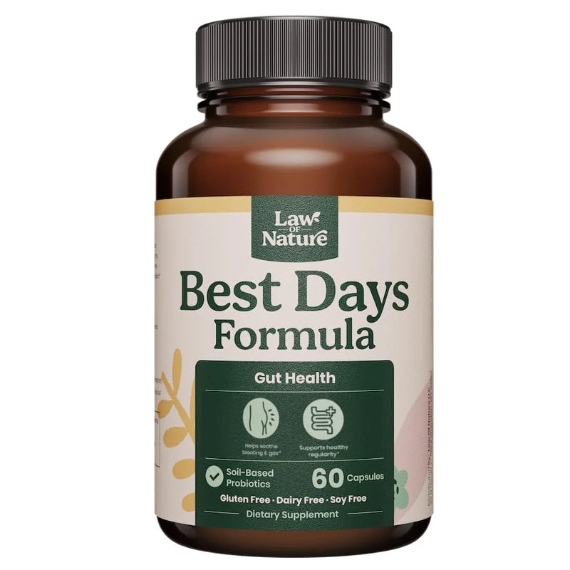 Law Of Nature Best Days Formula | Advanced 5-in-1 Gut Support for Bloating, Gas & Irregularity | Soil-Based Probiotics + Prebiotics, L-Glutamine, Aloe Vera & More | 60 Capsules