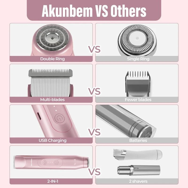 Akunbem Bikini Trimmer for Women, Electric Shaver and Razor Rechargeable 2-in-1 Body and Facial Epilator