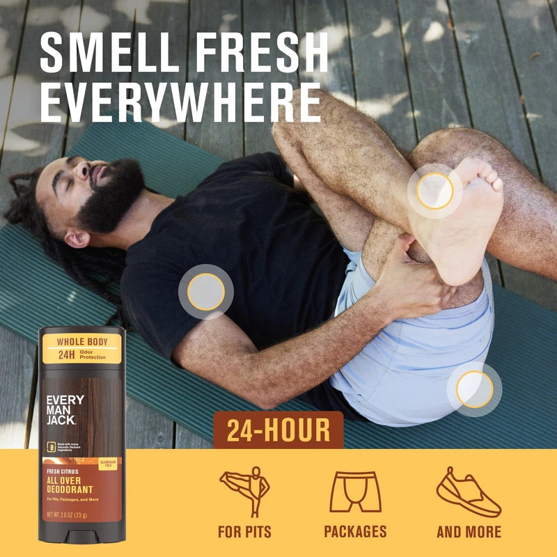 Every Man Jack All Over Deodorant - 24 Hour Whole Body Odor Protection - Aluminum Free - Fresh Citrus Scent 2.6 oz (1 Pack)