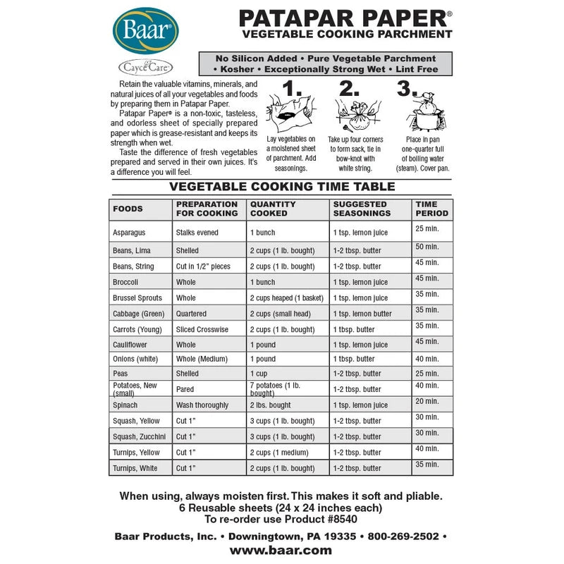 Patapar Paper, Vegetable Cooking Parchment - 24"x24", 6 Reusable Sheets