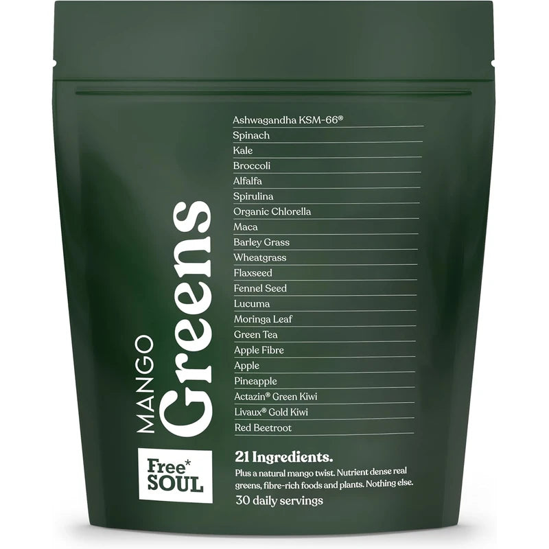 Free Soul Greens - 21 Advanced Greens, Superfoods, and Adaptogens Including KSM-66® Ashwagandha, Vegan & Gluten-Free, Advanced Natural Formula, UK Made, 30 Servings