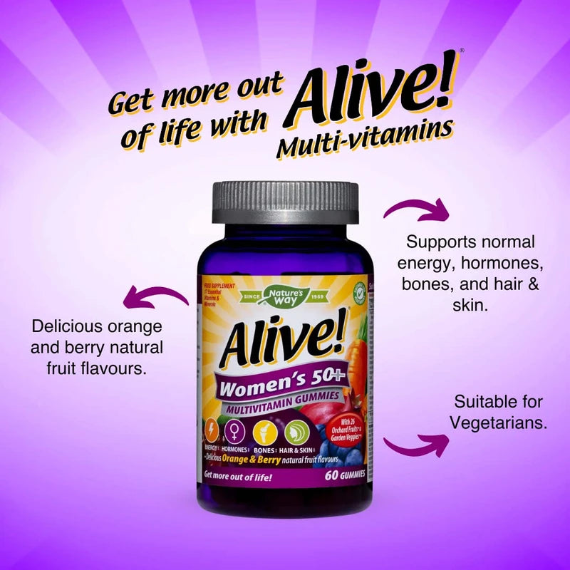 Alive! Women’s 50+ Multivitamin Gummies, Multi-Vitamins & Minerals with a Blend of 26 Fruits & Vegetables, Specially Balanced Formulation for Women, Suitable for Vegetarians - 60 Gummies