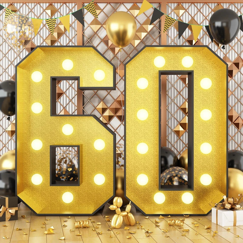 4FT Marquee 60 Numbers, Light Up 60 Glitter Gold Giant Marquee Mosaic Numbers Frame Light Up Numbers for 60th Birthday Party Decorations Mosaic Number 4,DIY Frame Pre-Cut Foam Board Kit