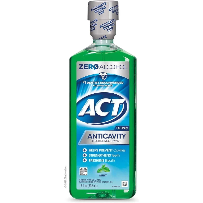 ACT Anticavity Zero Alcohol Fluoride Mouthwash With Dosing Cup, Mint, 18 fl oz
