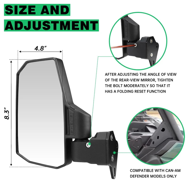 SHEJISI Defender Side Mirrors,The Spring Back Feature Allows Easy Reset After Fold,2024 New UTV Mirrors Compatible with Can Am Defender HD10 HD9 HD8 HD7 HD5,Suitable for No Door,Half Door,Full Door