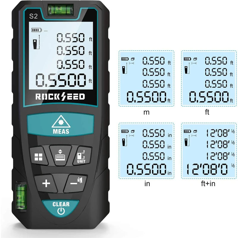 Mileseey S2 IP54 Digital Laser Rangefinder, Distance Measurement Device with 2 bubble levels, LCD Backlight, m/inches/feet with Multiple Measuring Modes such as Pythagoras/Distance/Area/Volume, IP54
