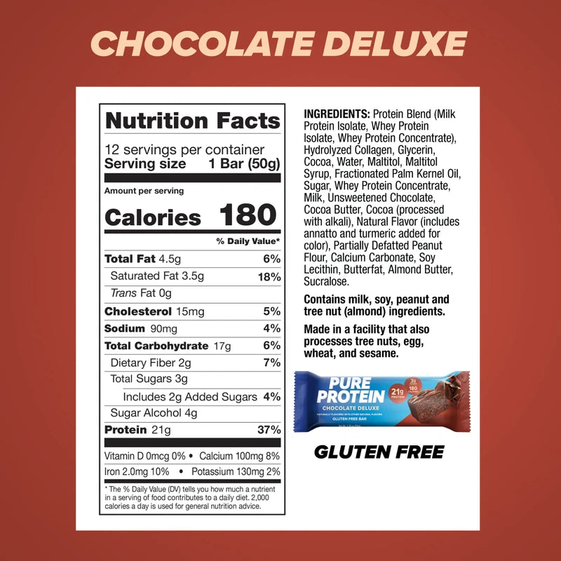 Pure Protein Bars, High Protein, Nutritious Snacks to Support Energy, Low Sugar, Gluten Free, Chocolate Deluxe, 1.76 oz., 12 Count(Pack of 1) (Packaging may vary)