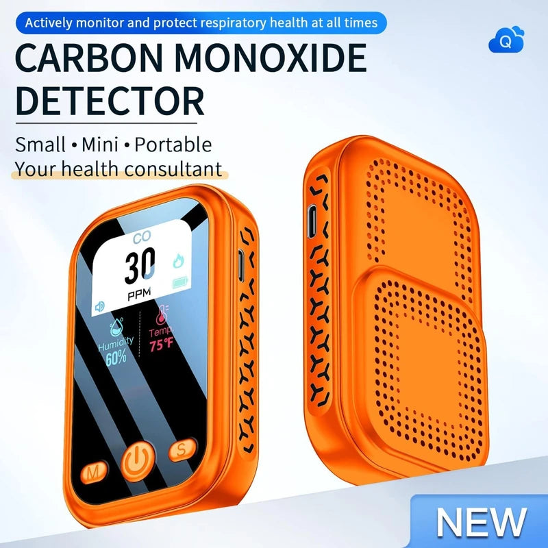 CEKKIENA [3-in-1] Carbon Monoxide Detector Portable Mini Air Quality Monitor with Lanyard & Kickstand Smoke Alarm CO Meter Temperature Humidity Sensor Built-in 1000mAh Battery Indoor/Outdoor (Orange)