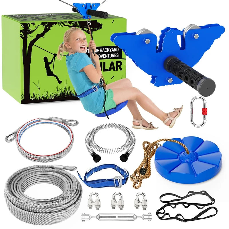 X XBEN 200FT Zip line Kits for Backyard, Zip Lines for Boys, Kids, Included Swing Seat, Ziplines Brake, and Steel Trolley, Outdoor Playground Equipment