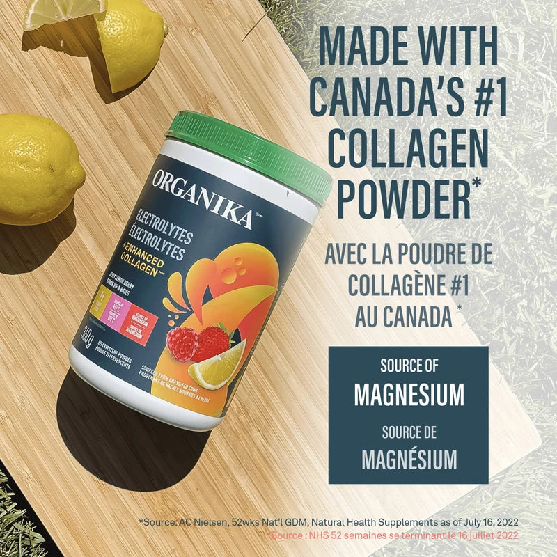 Organika Organika Canadian-Made Electrolytes + Enhanced Collagen - Zesty Lemon Berry Flavour - Sugar-Free Hydration | 5g Protein + 100% of Daily Vitamin C | 360g, 30 Servings