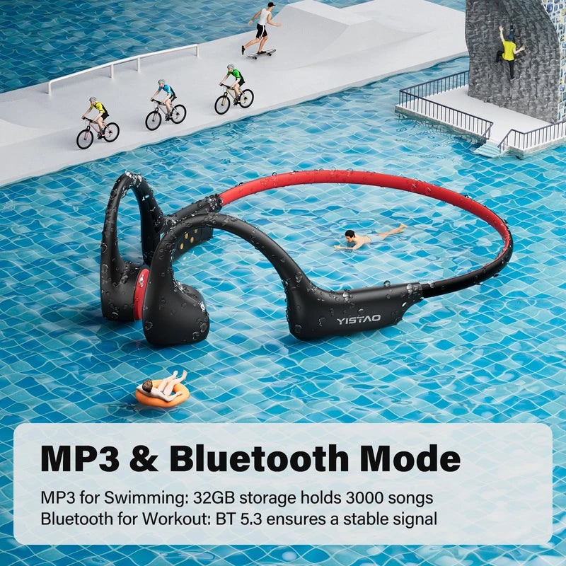 Yistao Bone Conduction Headphones, Open Ear Headphones Wireless Earphones, 32GB MP3, 8 Hours Playtime, Bluetooth 5.3, IP68 Waterproof Headphones for Running and Fitness Workout - Red