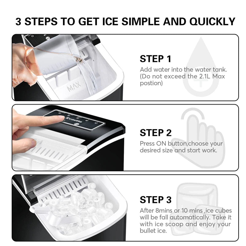 Zvoutte Ice Maker Countertop, Portable Ice Machine with Self-Cleaning, 26.5lbs/24Hrs, 9 Bullet Ice Cubes in 7 Mins, Ice Basket and Scoop, Ideal for Home, Kitchen, Bar, Camping