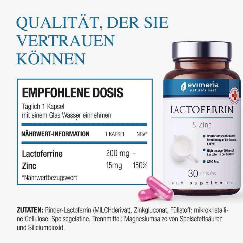 EVIMERIA Pure Lactoferrin 200 mg and Zinc | Helps Strengthen the Immune System | Supplement to Immune Defence | Lactoferrin Supplements | Stimulates Immune Defense | Twin Pack