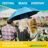 MISTERBREEZE Gray Umbrella with Fan and Mister. A portable misting fan that blocks 99.9% of all UVA and UVB rays. Personal outdoor sun protection at festivals, beach, golf or other sports activities.
