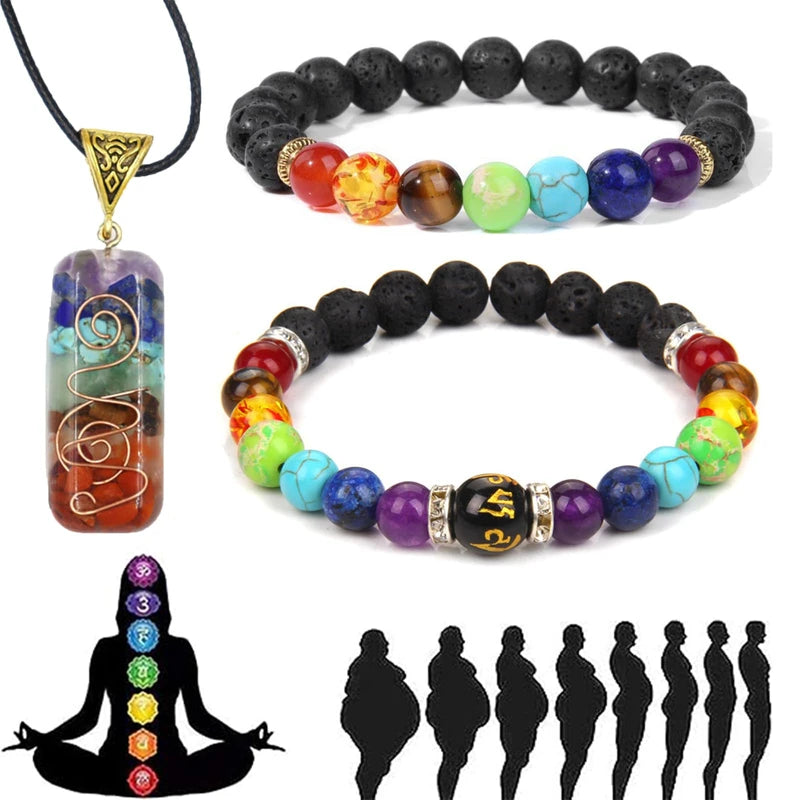 Habysedu Pulsera Arus 7 Chakras Original, Pulsera Arus 7 Chakras, Crystal Stone Holder Necklace, 7 Chakra Bracelet with Real Stones, 7 Chakra Necklace and Bracelet Set for Women & Men (A)