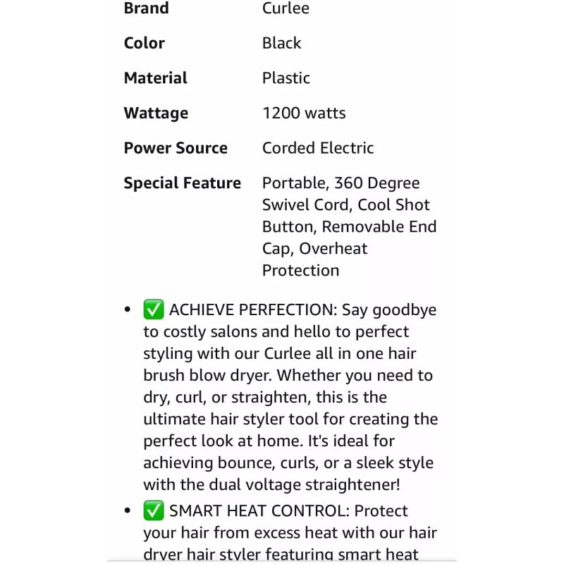 Curlee Hair Dryer Brush 1200 Watts 6 in 1 Hair Accessories Blow Dryer Automatic Black