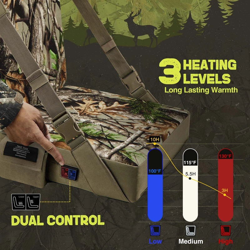 TIDEWE Hunting Seat Cushion Heated with Backrest & Battery Pack, Self-Supporting Water Resistant Hunting Seat for Tree Stand, Warm Portable Seat Pads for Hunting, Camping, Fishing (Next Camo Vista)