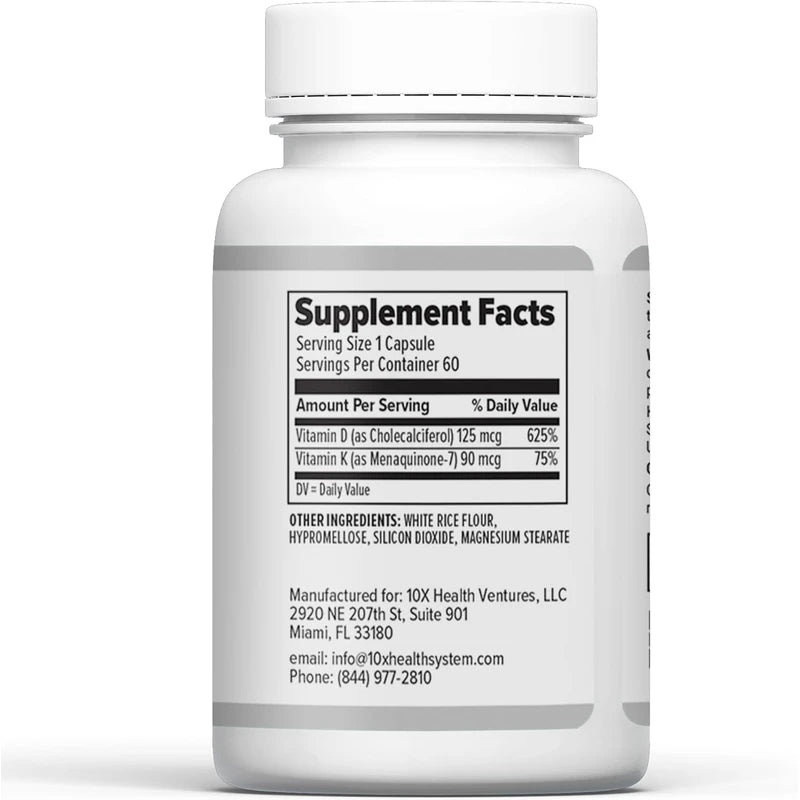 Vitamin D3 K2, 10X Health Vitamin D3 K2 - Loaded with 125 mcg Vitamin D and 90 mcg Vitamin K (Menaquinone 7) - D3 and K2 Supplements That Support Bone Health, Heart and Teeth - 60 Capsules