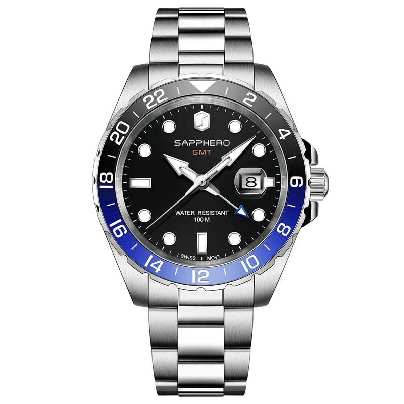 SAPPHERO GMT Watches Men's Swiss Quartz Movement Dual Time Zone 100 m Waterproof Men's Watch Elegant Business Casual Watch Men's Silver Stainless Steel Strap with Luminous Calendar Gift for Men,