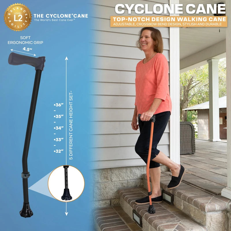 Dynamo Cyclone Cane - Ultimate Comfort, Stability and Balance - HSA/FSA Eligible - Adjustable Heavy Duty Walking Cane for Seniors, Men, Women - Stylish and Travel-Ready - Strong Support Cane (Black)