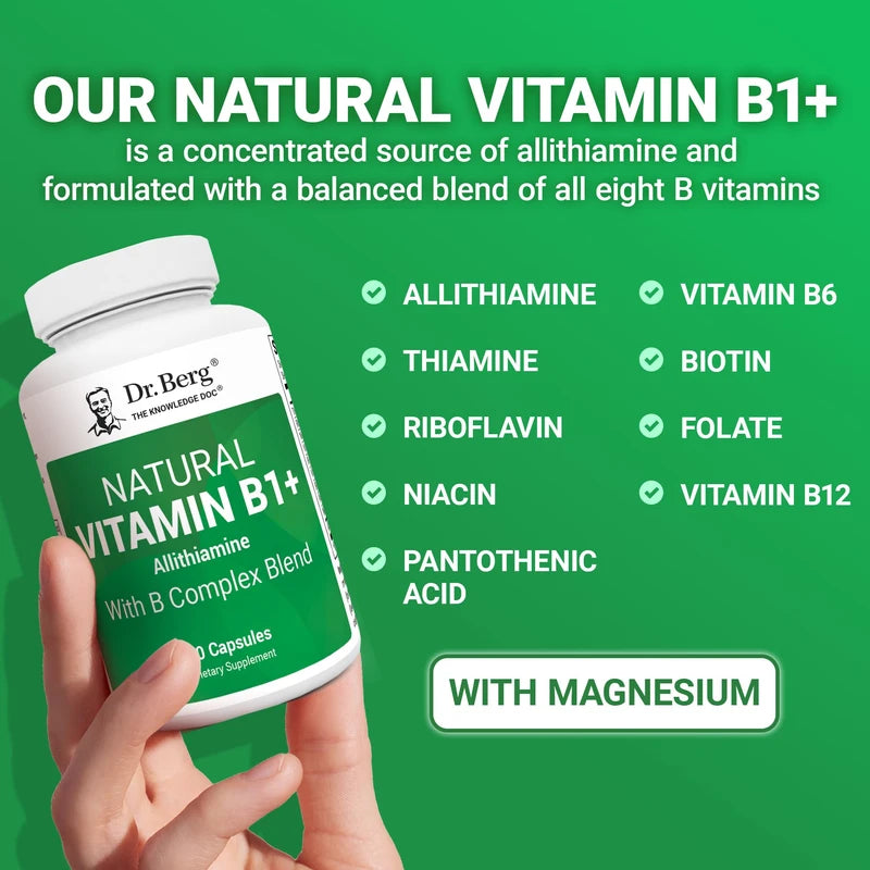 Dr. Berg Nutritionals Dr. Berg Natural Vitamin B1 B6 B12 Complex - Allithiamine Vitamin B1 Supplement with 8 Essential Vitamin B Complex for Men & Women Including Thiamin, Niacin, Folate, Magnesium & More - 60 Capsules