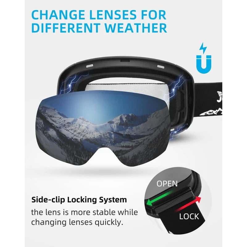 JetBlaze Ski Goggles Unisex OTG Ski Goggles with interchangeable lens and strap for spectacle wearers Snow Goggles Anti Fog Ski Snowboard Goggles Compatible Helmet Spherical Mirrored Silver Lens